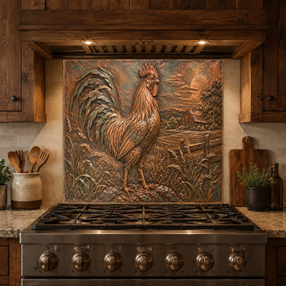 Custom glass backsplash with rustic rooster motif positioned behind a farmhouse sink