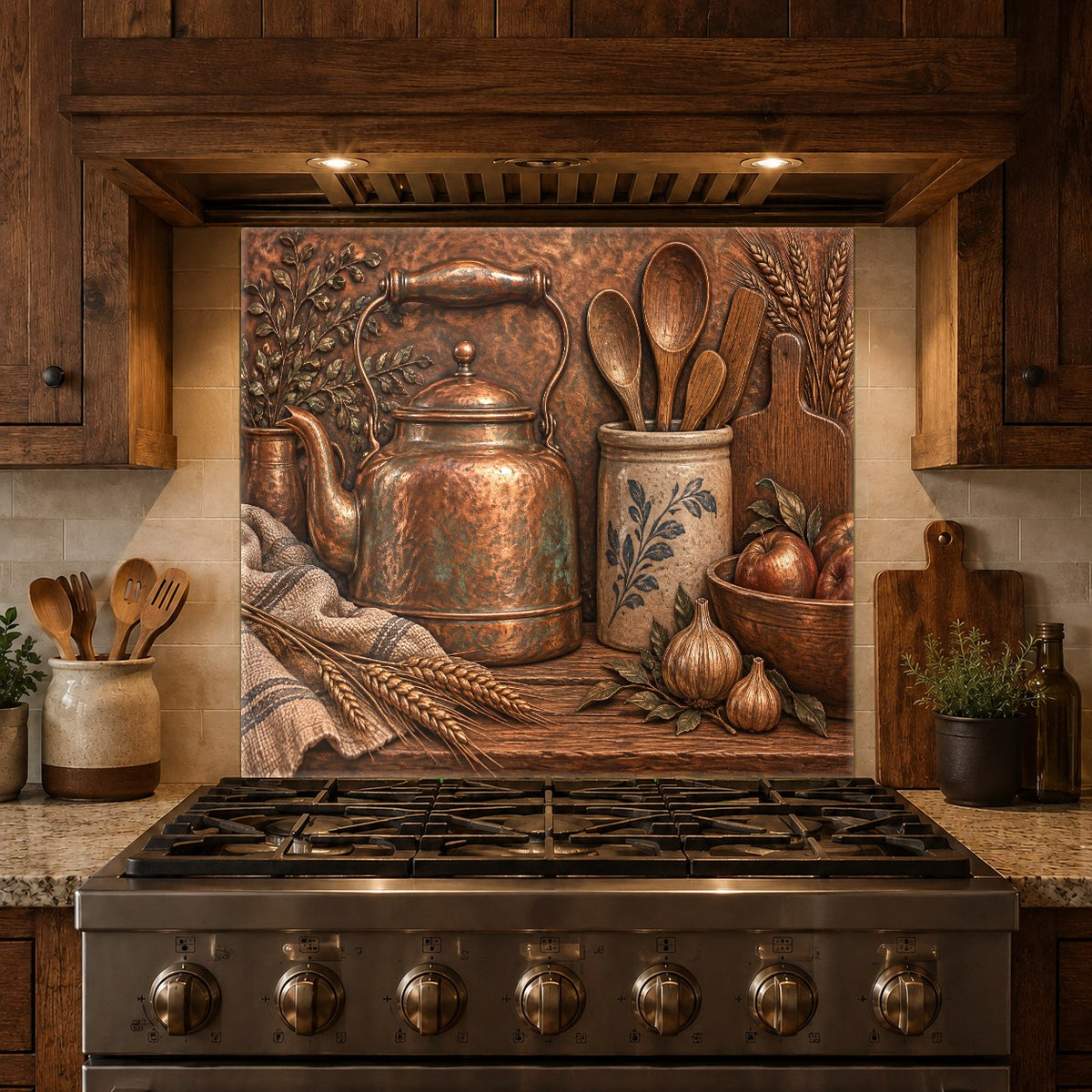 Grout-free copper kettle glass backsplash reflecting light in a bright kitchen