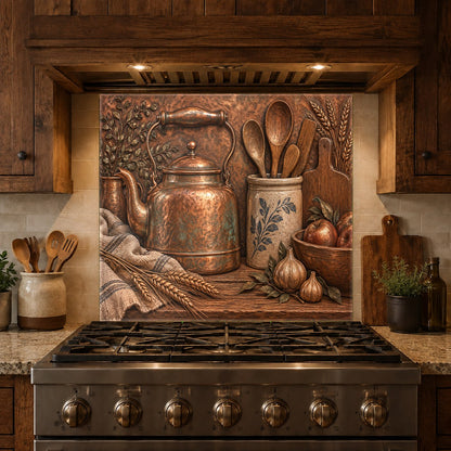 Grout-free copper kettle glass backsplash reflecting light in a bright kitchen