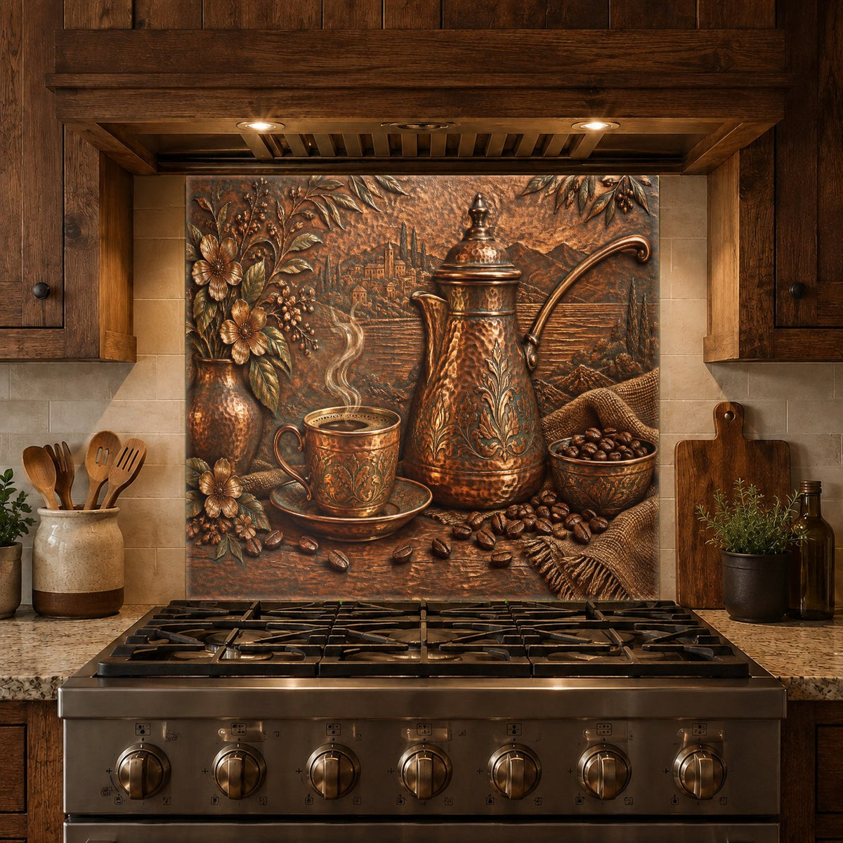 Coffee cezve glass kitchen backsplash glowing under under-cabinet lighting