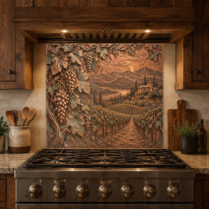 Wine country themed glass backsplash panel reflecting modern kitchen lighting