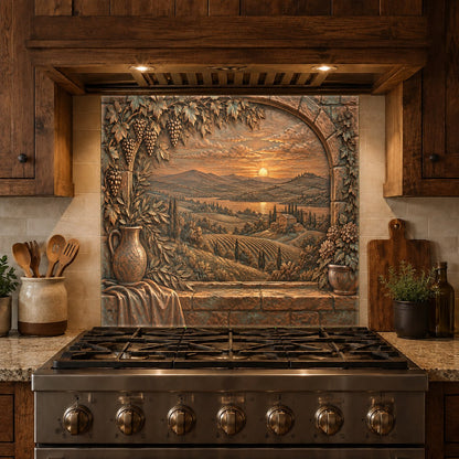 Tuscan archway heat-resistant glass panel behind a kitchen stove and range hood