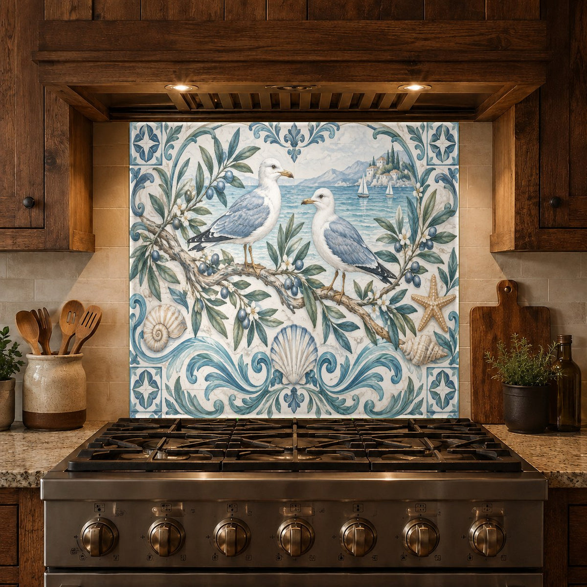 Decorative glass backsplash with nature theme behind an electric range