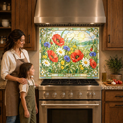 Bright floral tempered glass backsplash panel in a contemporary kitchen