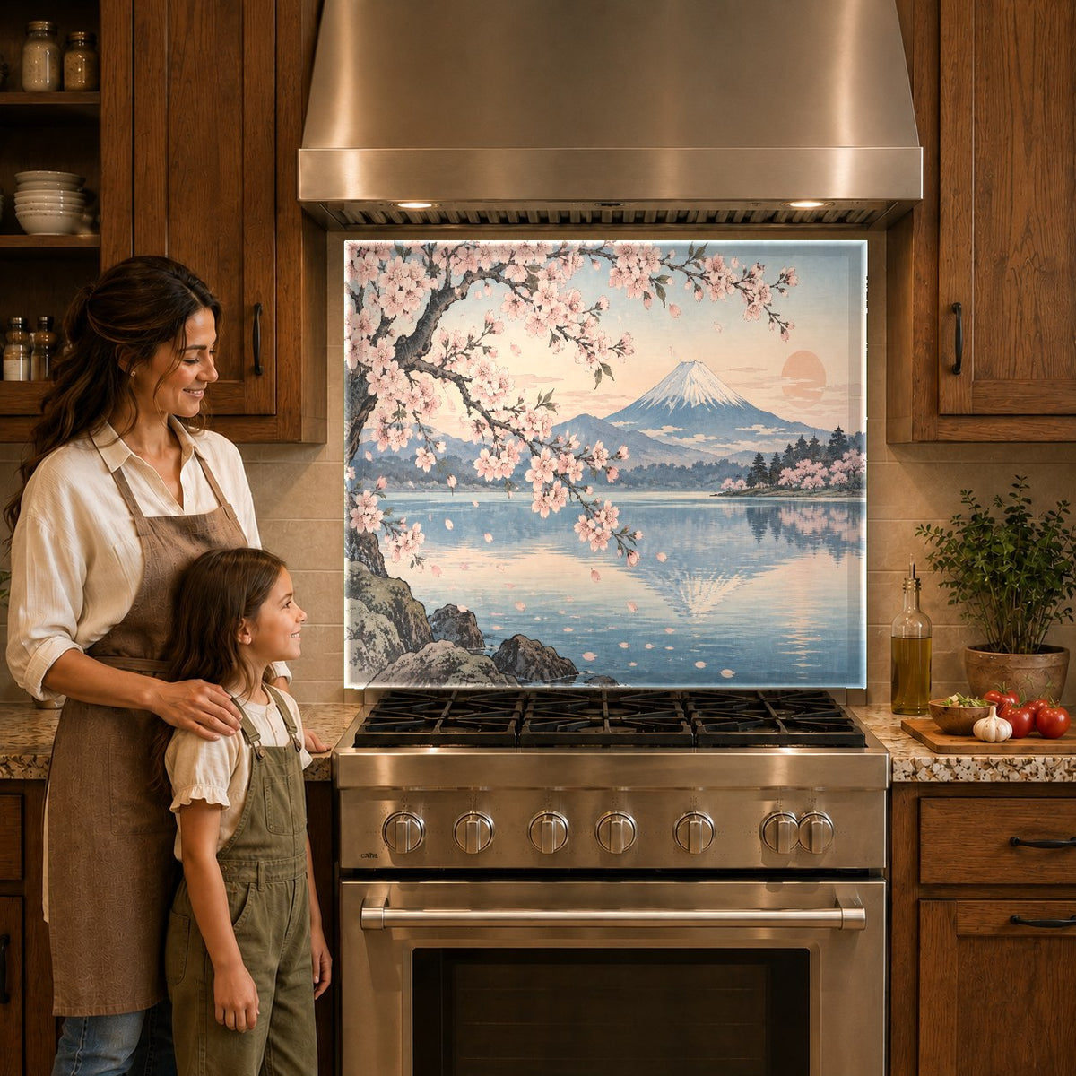 Fuji Blossom artistic glass backsplash panel mounted above a kitchen counter