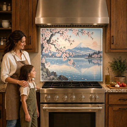 Fuji Blossom artistic glass backsplash panel mounted above a kitchen counter