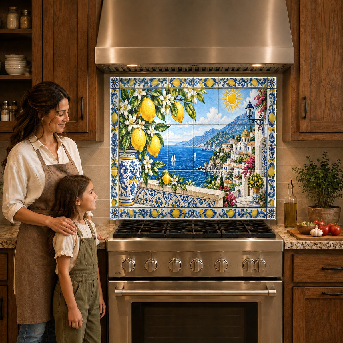 Glossy tempered glass kitchen backsplash panel featuring sun-kissed lemons behind the stove