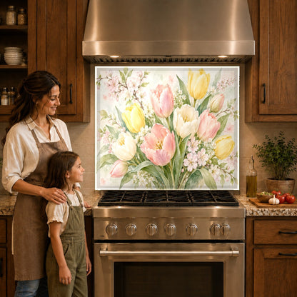 Modern kitchen interior styled with a botanical watercolor tulips backsplash