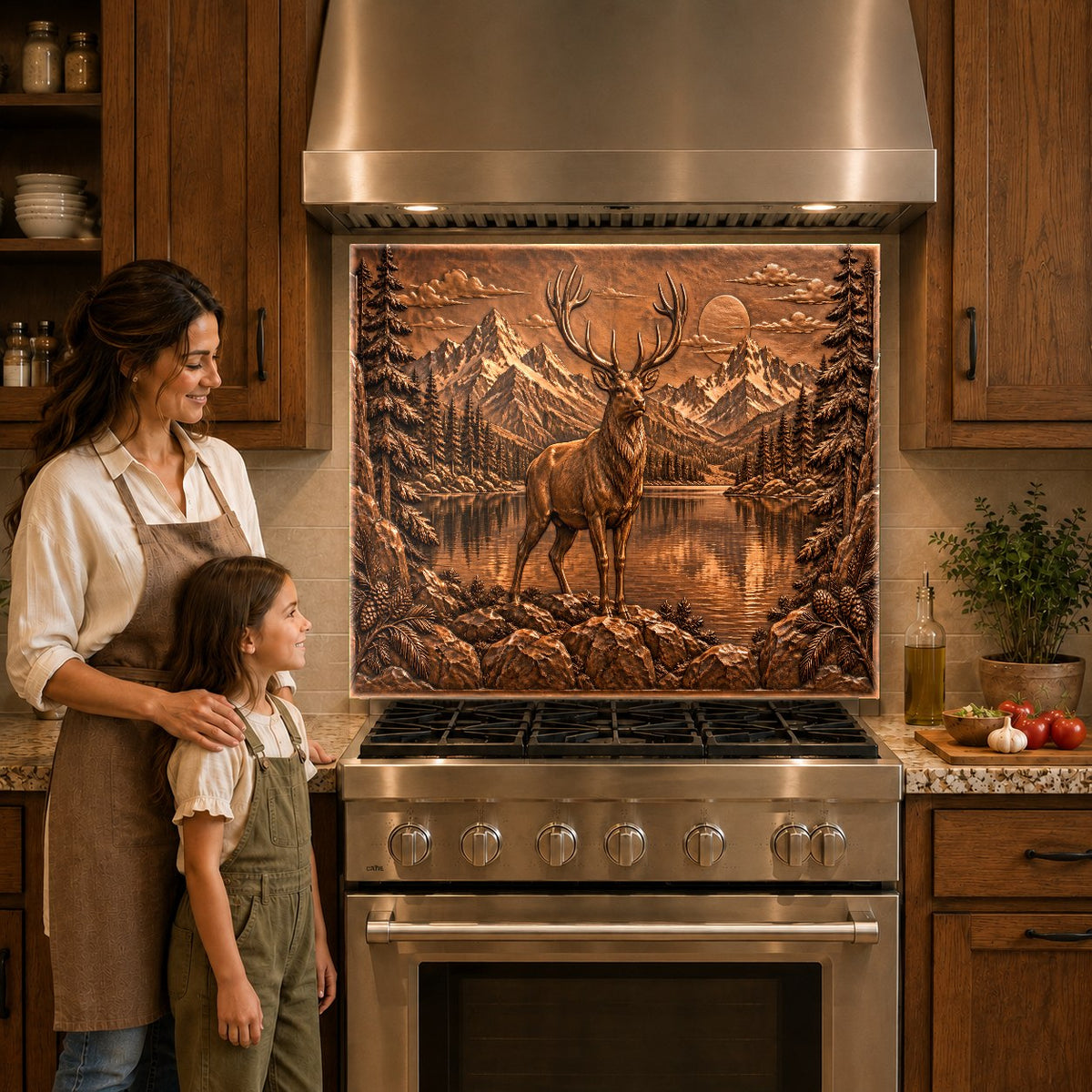 Modern kitchen featuring a durable copper stag glass backsplash