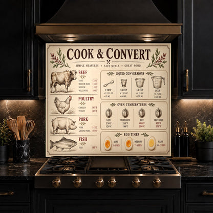 Meat Temperature Chart tempered glass backsplash in a compact apartment kitchen