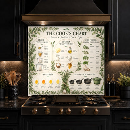 Ingredient Substitution Chart tempered glass backsplash in a compact apartment kitchen