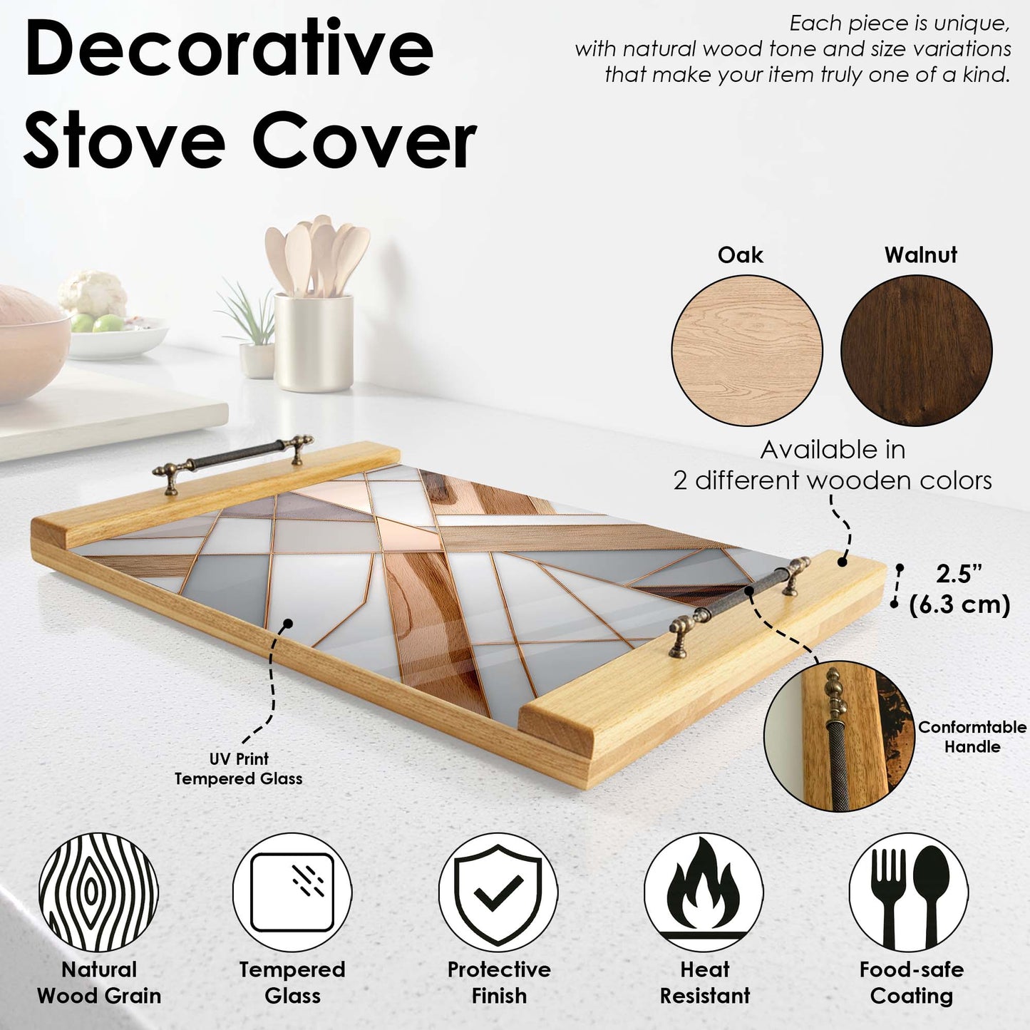 Decorative stove cover with wooden frame and tempered glass, featuring product details on a white background.