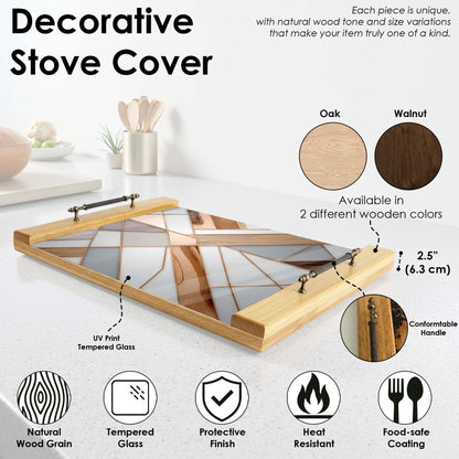 Decorative stove cover with wooden frame and tempered glass, featuring product details on a white background.