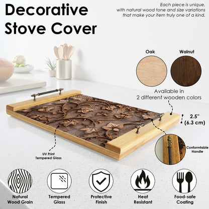 Decorative stove cover with natural wood design and features on a white background