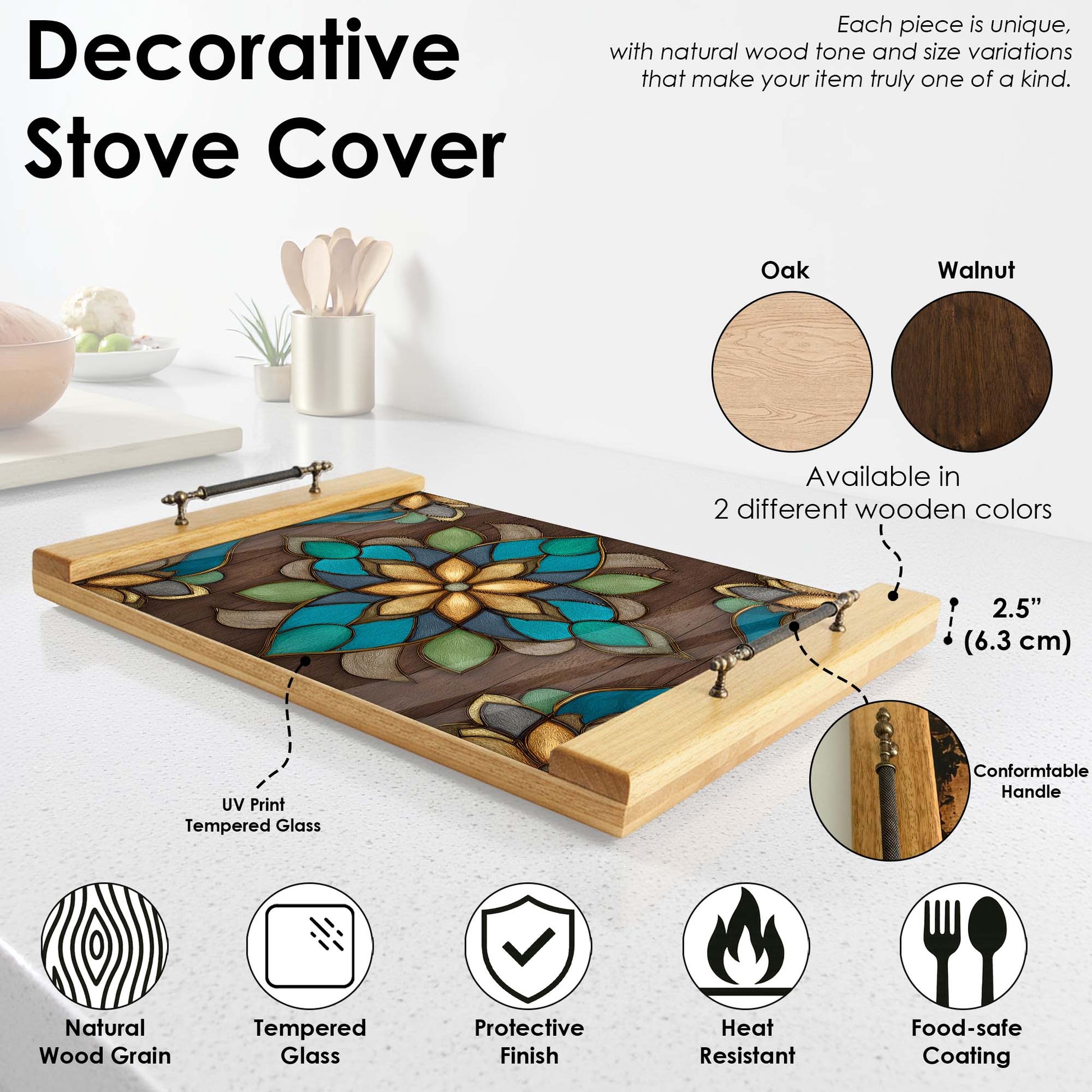 Decorative stove cover with stained glass design and wood grain finish, shown on a stove.