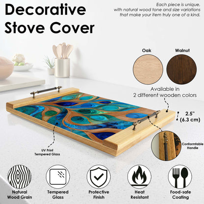 Decorative stove cover with wooden finish and abstract design, featuring product details on a white background.