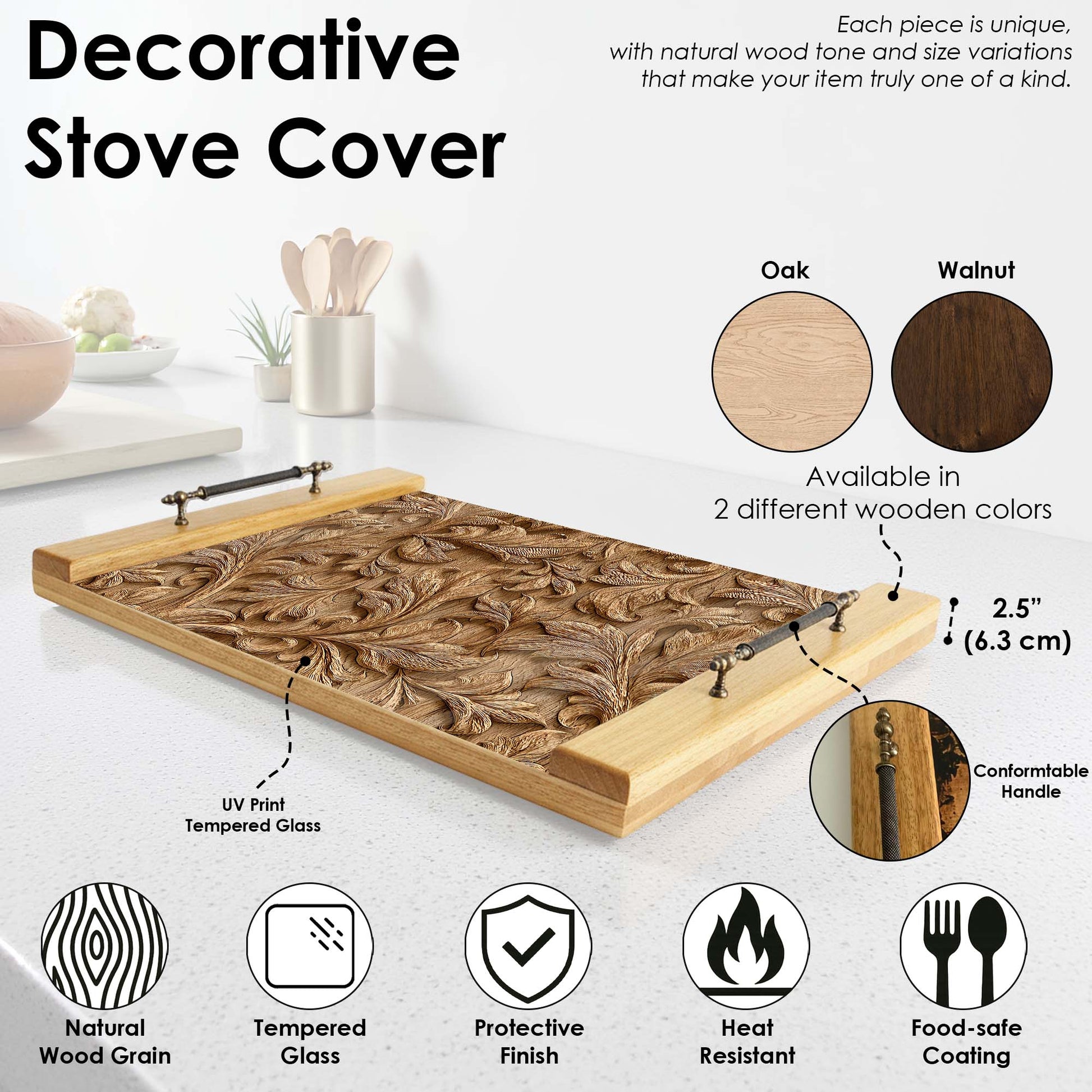 Decorative stove cover with wooden design and product features on a white background