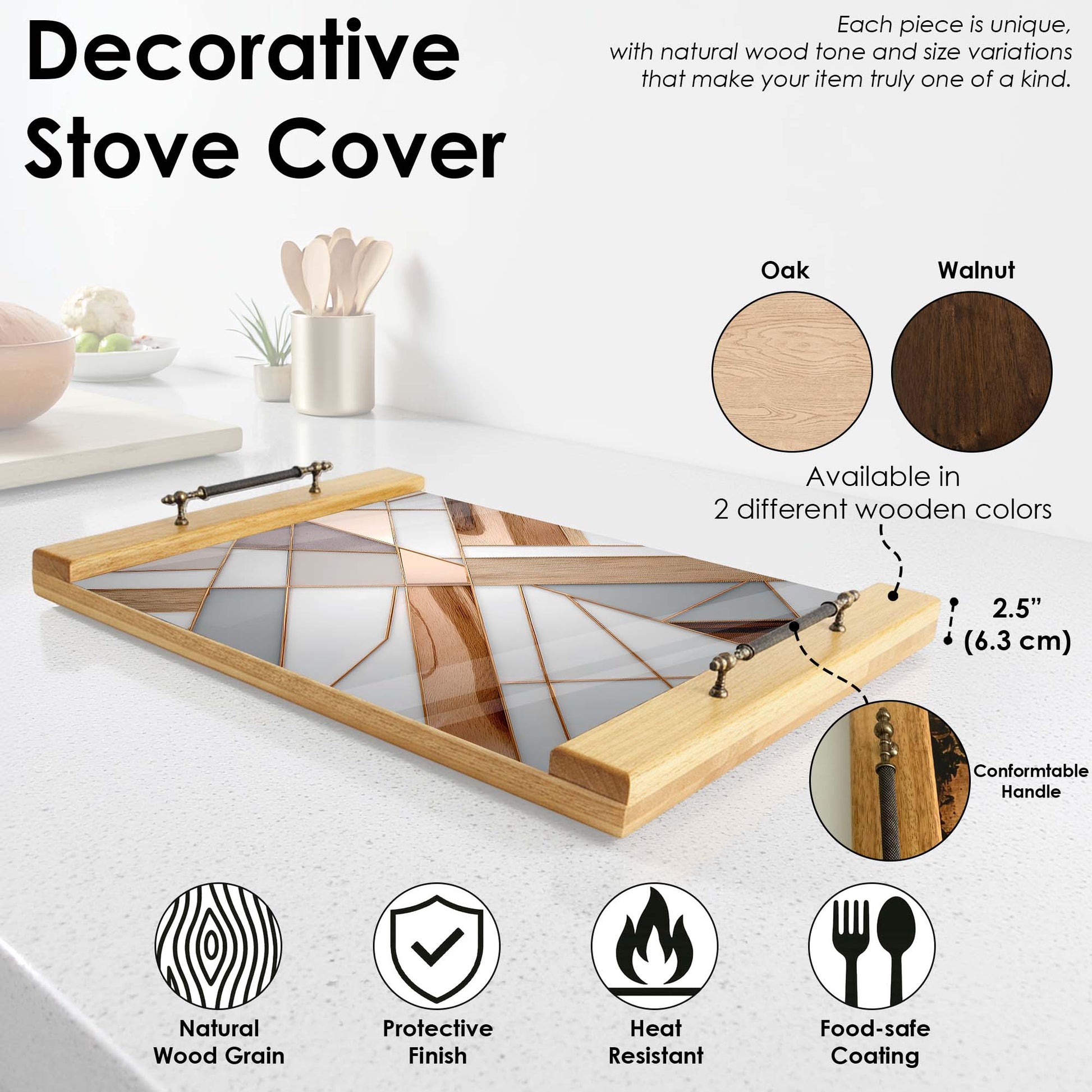 Decorative stove top cover with wooden frame and glass panel, shown on a stove.