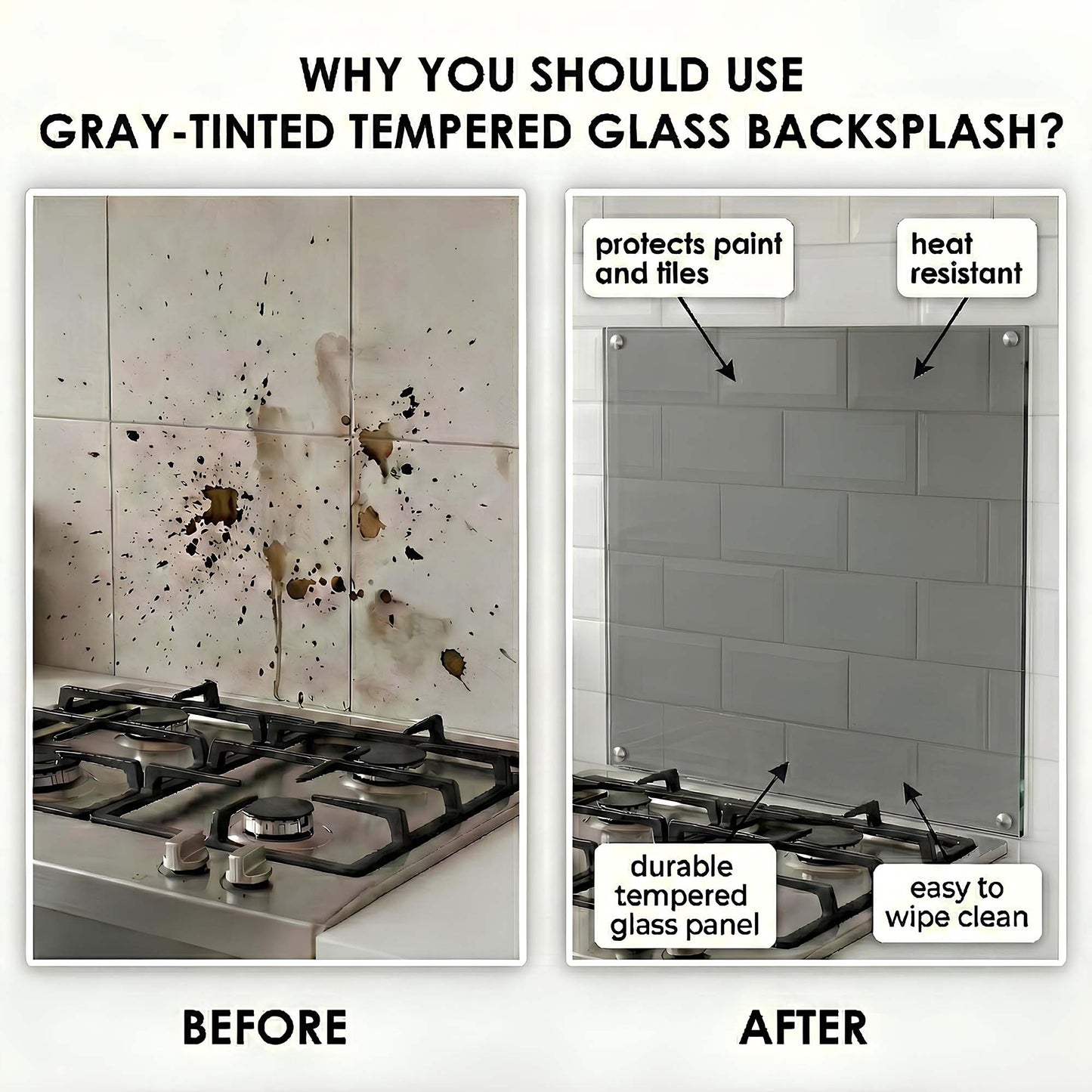Before and after comparison of a kitchen backsplash with gray-tinted tempered glass panel.