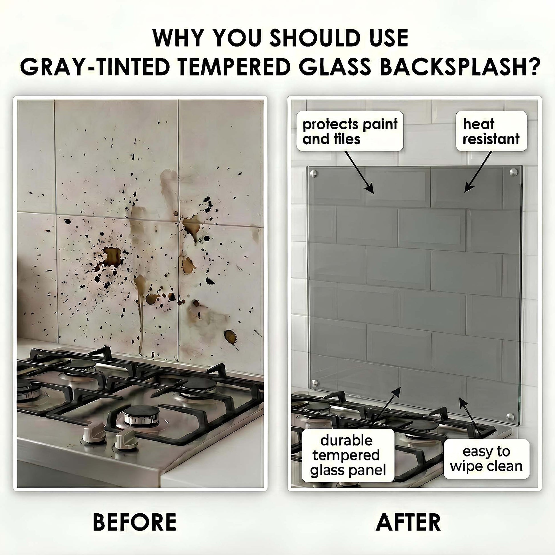 Before and after comparison of a kitchen backsplash with gray-tinted tempered glass panel.