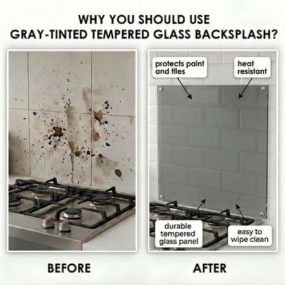 Before and after comparison of a kitchen backsplash with gray-tinted tempered glass panel.
