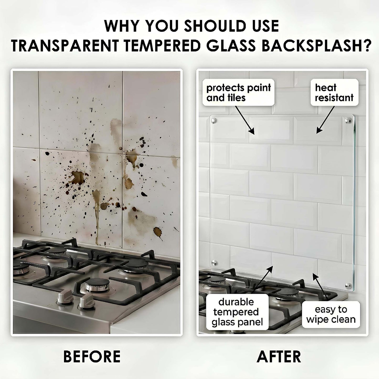 Before and after comparison of a kitchen backsplash with transparent tempered glass panel.