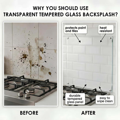 Before and after comparison of a kitchen backsplash with transparent tempered glass panel.