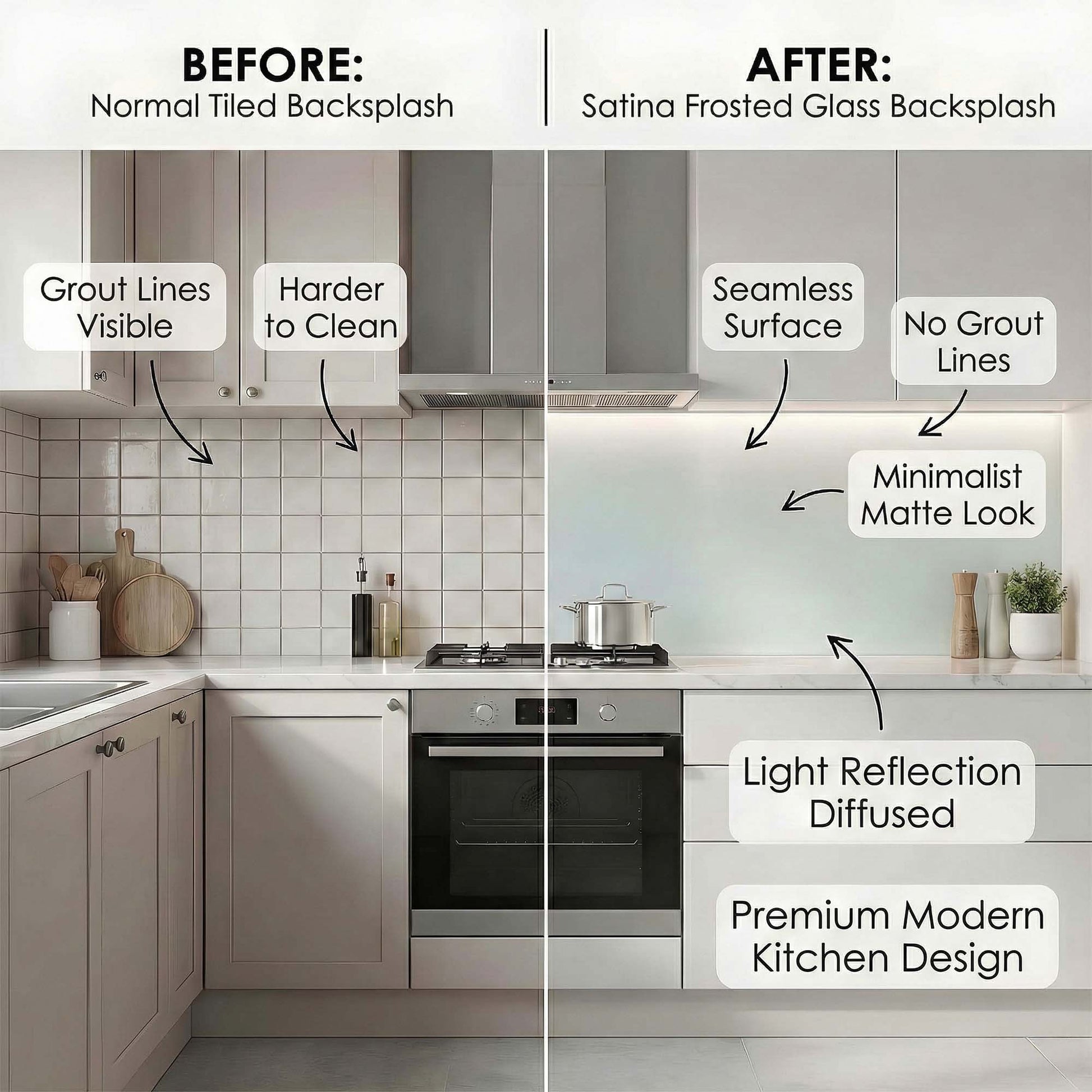 Comparison of a kitchen with a normal tiled backsplash and one with a satina frosted glass backsplash.