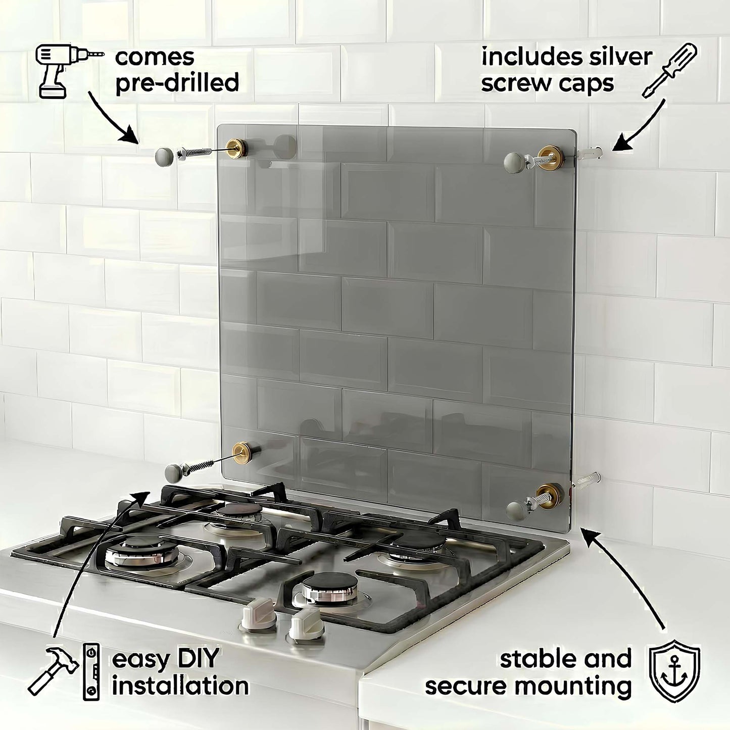 Glass splashback with mounting hardware on a tiled wall above a stove.
