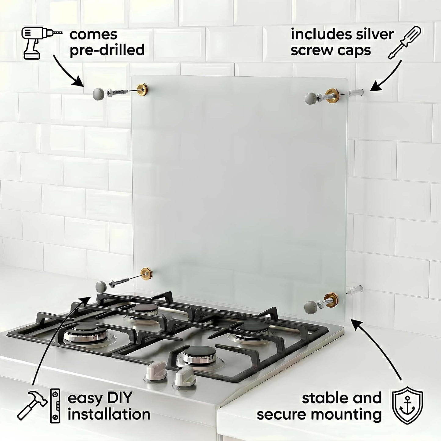 Stainless steel gas cooktop with mounting hardware and text indicating features like pre-drilled holes and screw caps.