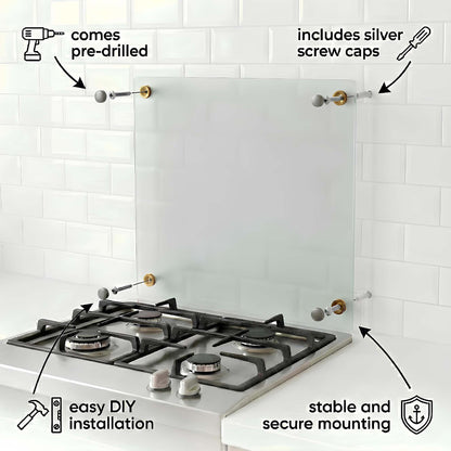 Stainless steel gas cooktop with mounting hardware and text indicating features like pre-drilled holes and screw caps.