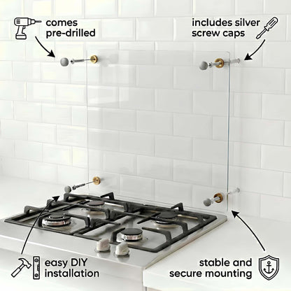 Stove with pre-drilled holes and screw caps on a tiled wall, highlighting features like easy DIY installation and stable mounting.