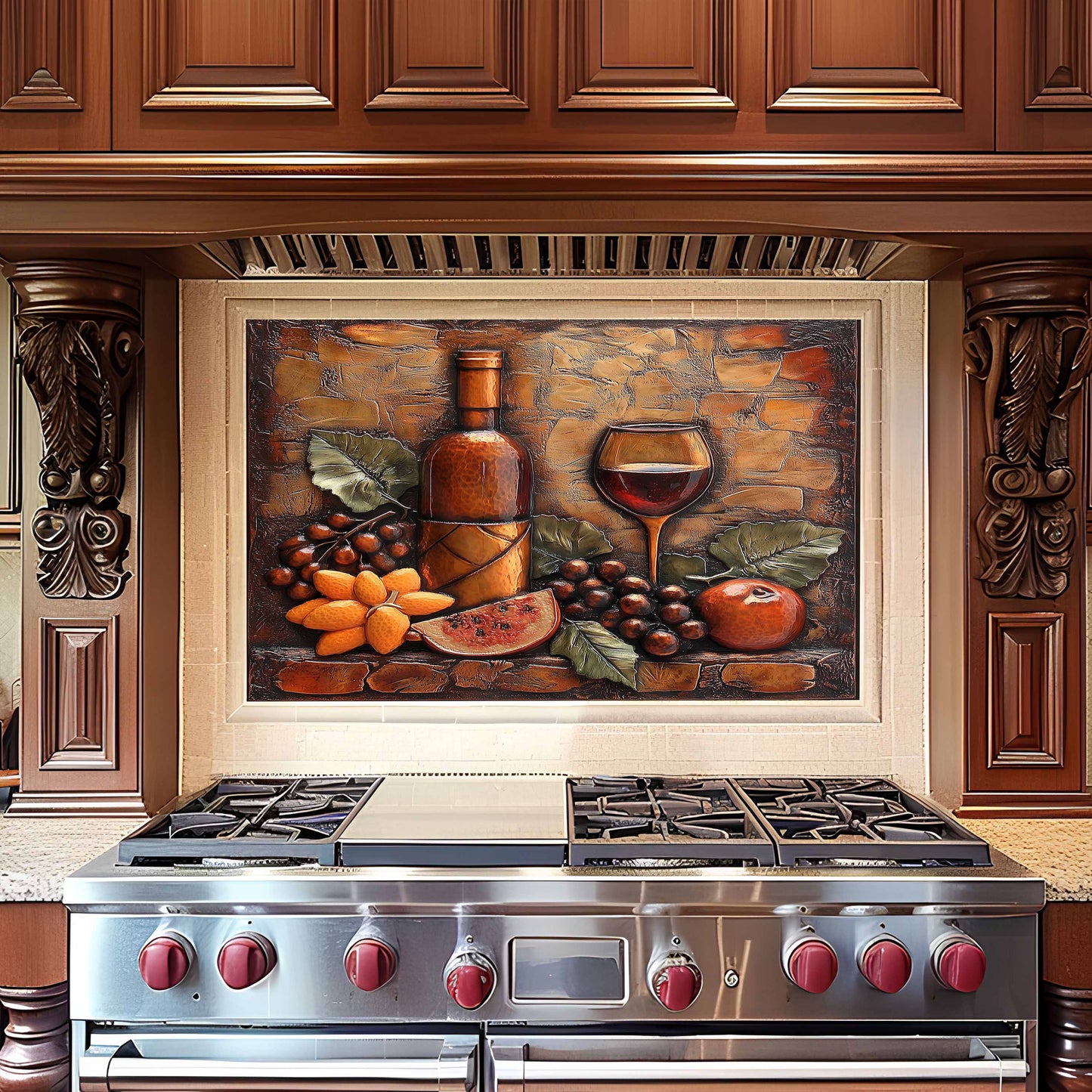 Stainless steel stove with decorative backsplash in a kitchen setting