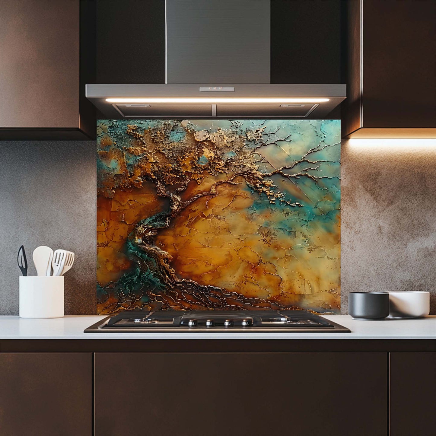 Kitchen with a decorative glass splashback featuring a tree design.
