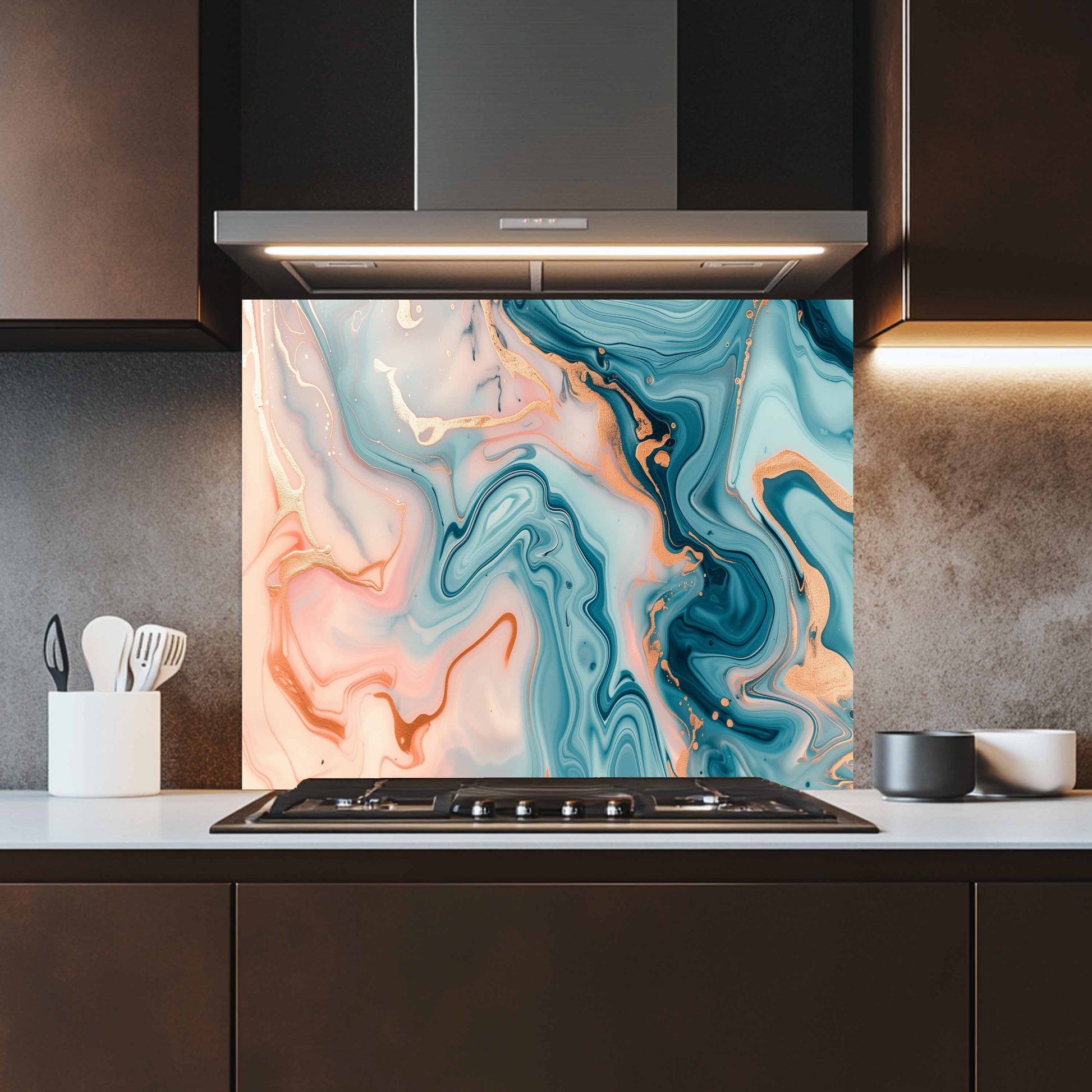 Kitchen with a colorful abstract design splashback behind a stove.