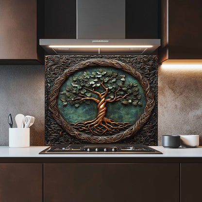Glass backsplash with a tree design above a kitchen stove.