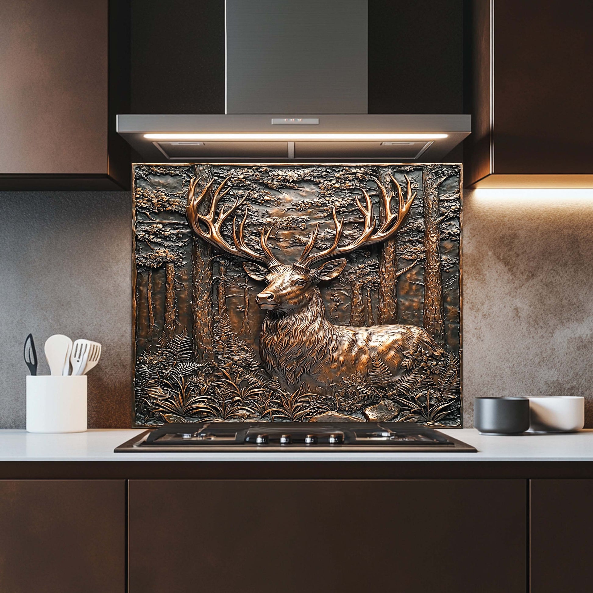 Decorative backsplash with a deer design in a modern kitchen