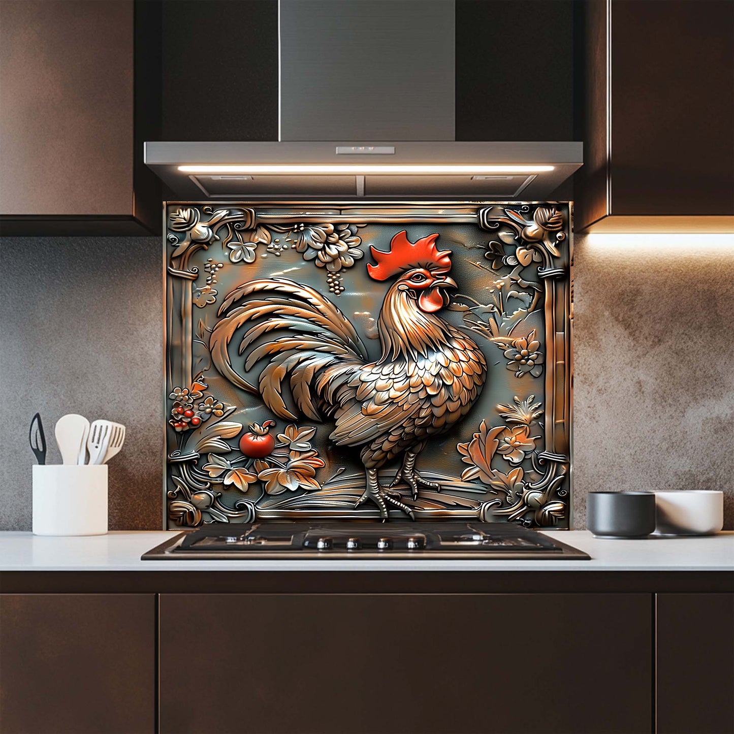 Decorative kitchen backsplash with a rooster design in a modern kitchen.