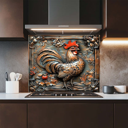 Decorative kitchen backsplash with a rooster design in a modern kitchen.