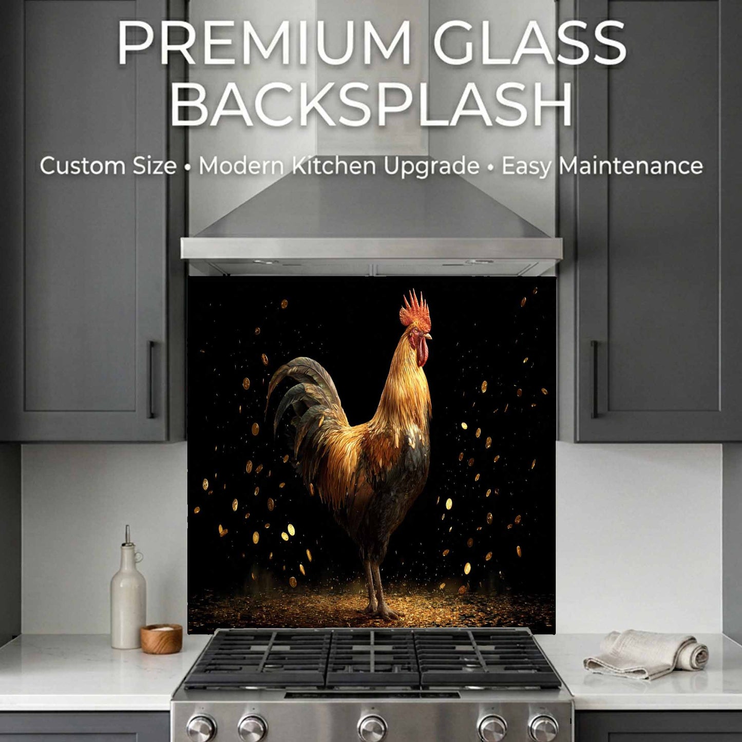 Glass backsplash with rooster design in a kitchen setting