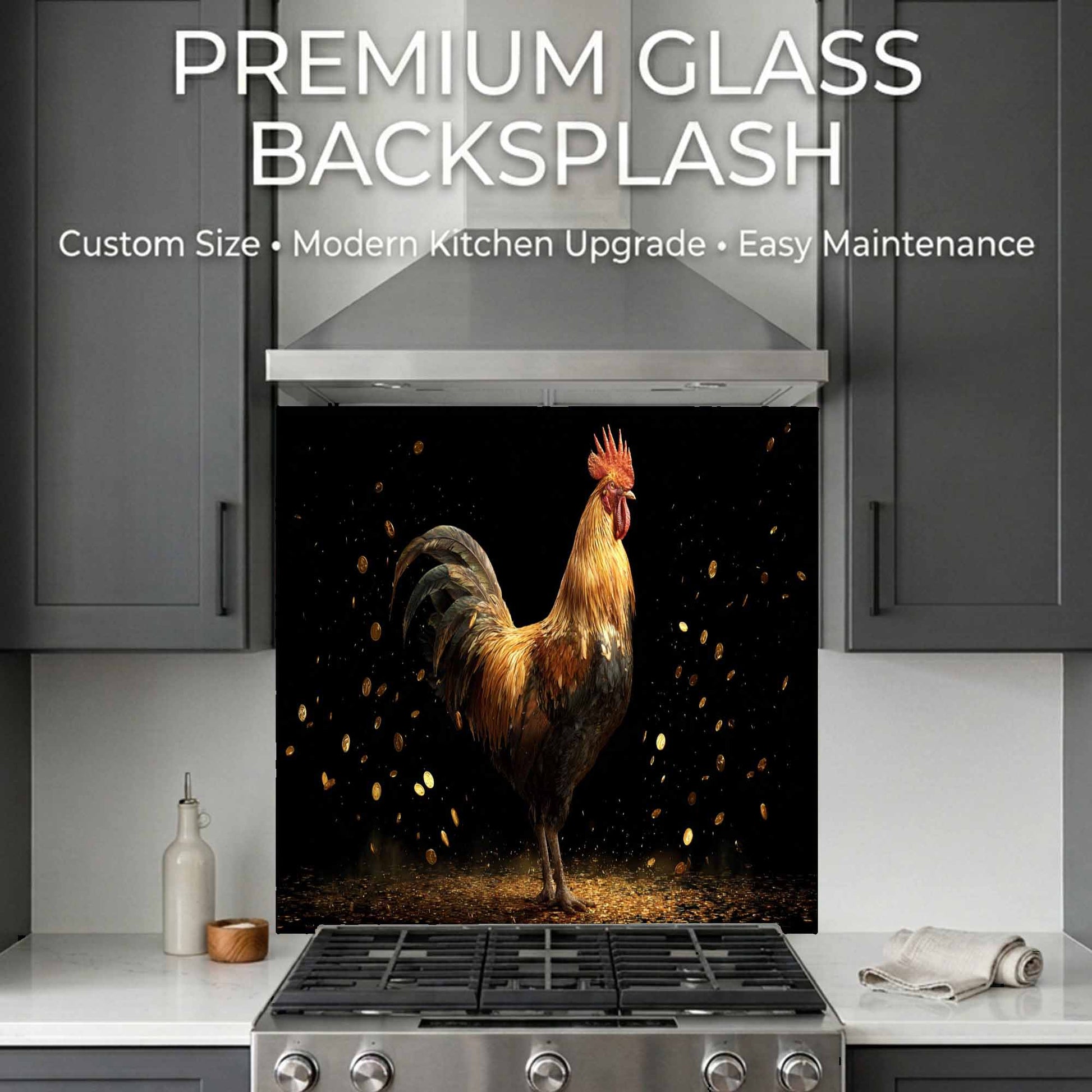 Glass backsplash with rooster design in a kitchen setting