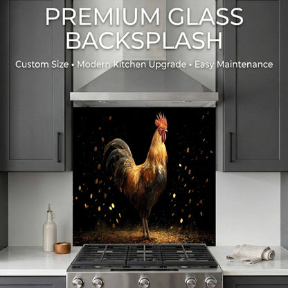 Glass backsplash with rooster design in a kitchen setting