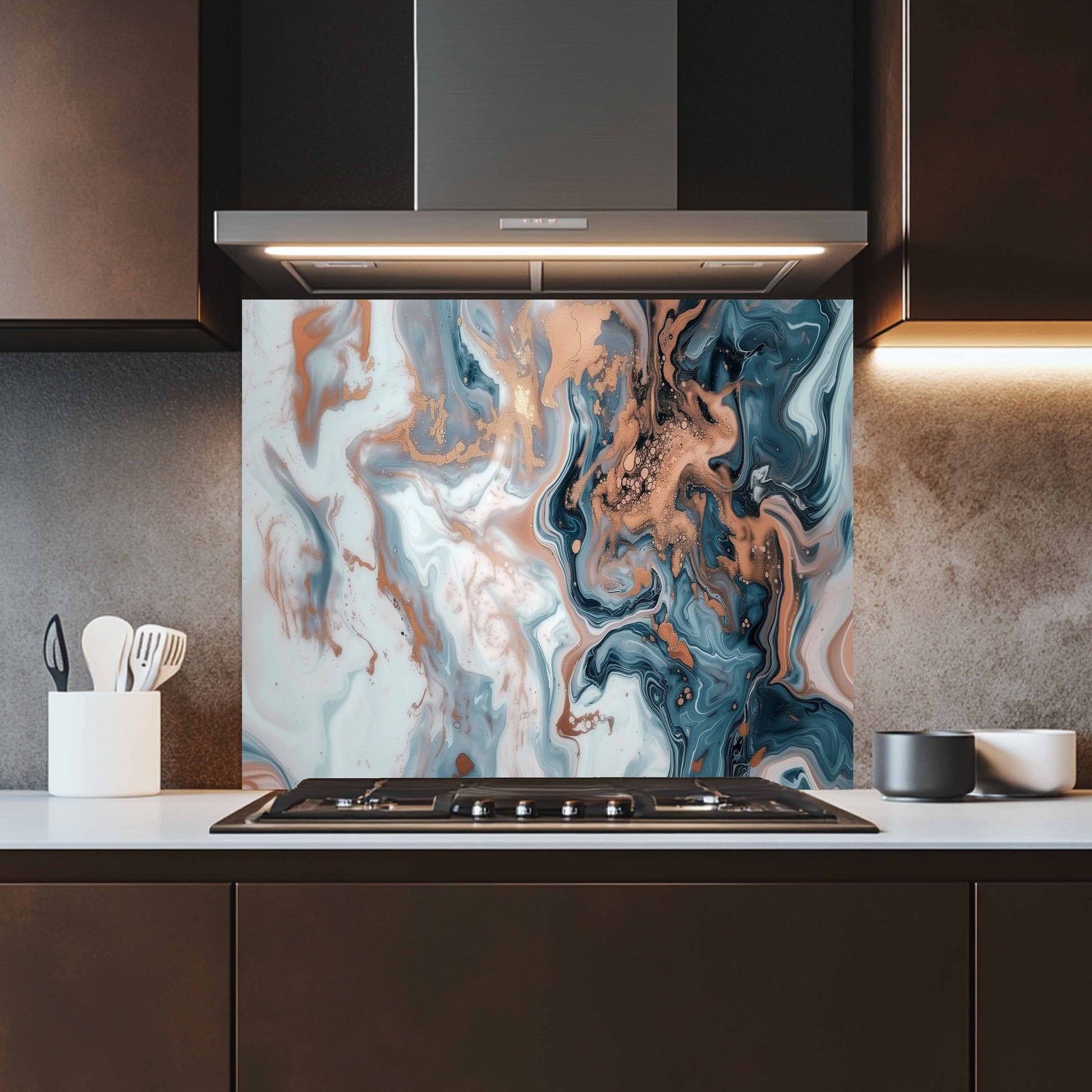 Kitchen with a decorative glass splashback featuring a marbled design.