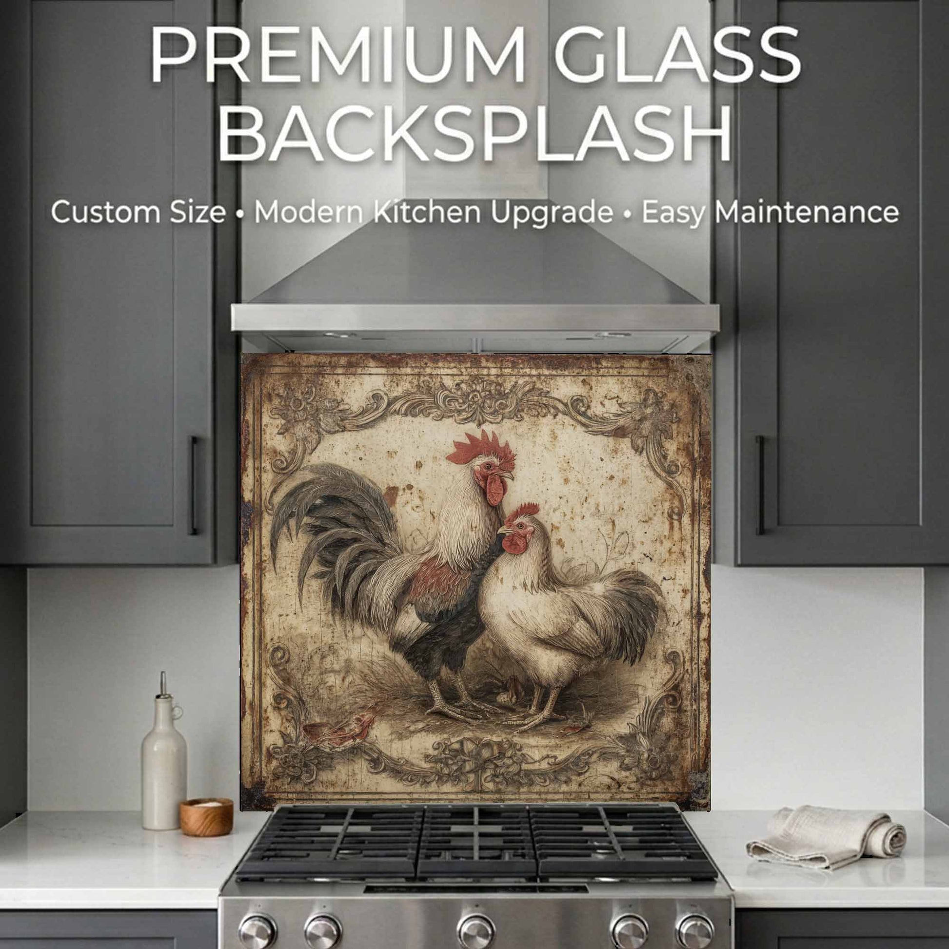 Decorative glass backsplash with rooster design in a kitchen setting