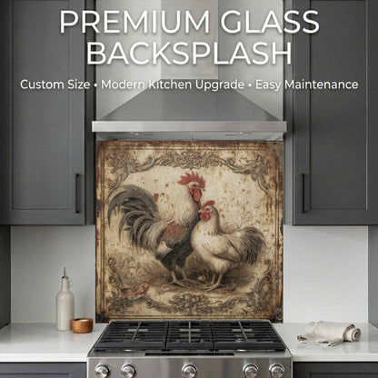 Decorative glass backsplash with rooster design in a kitchen setting