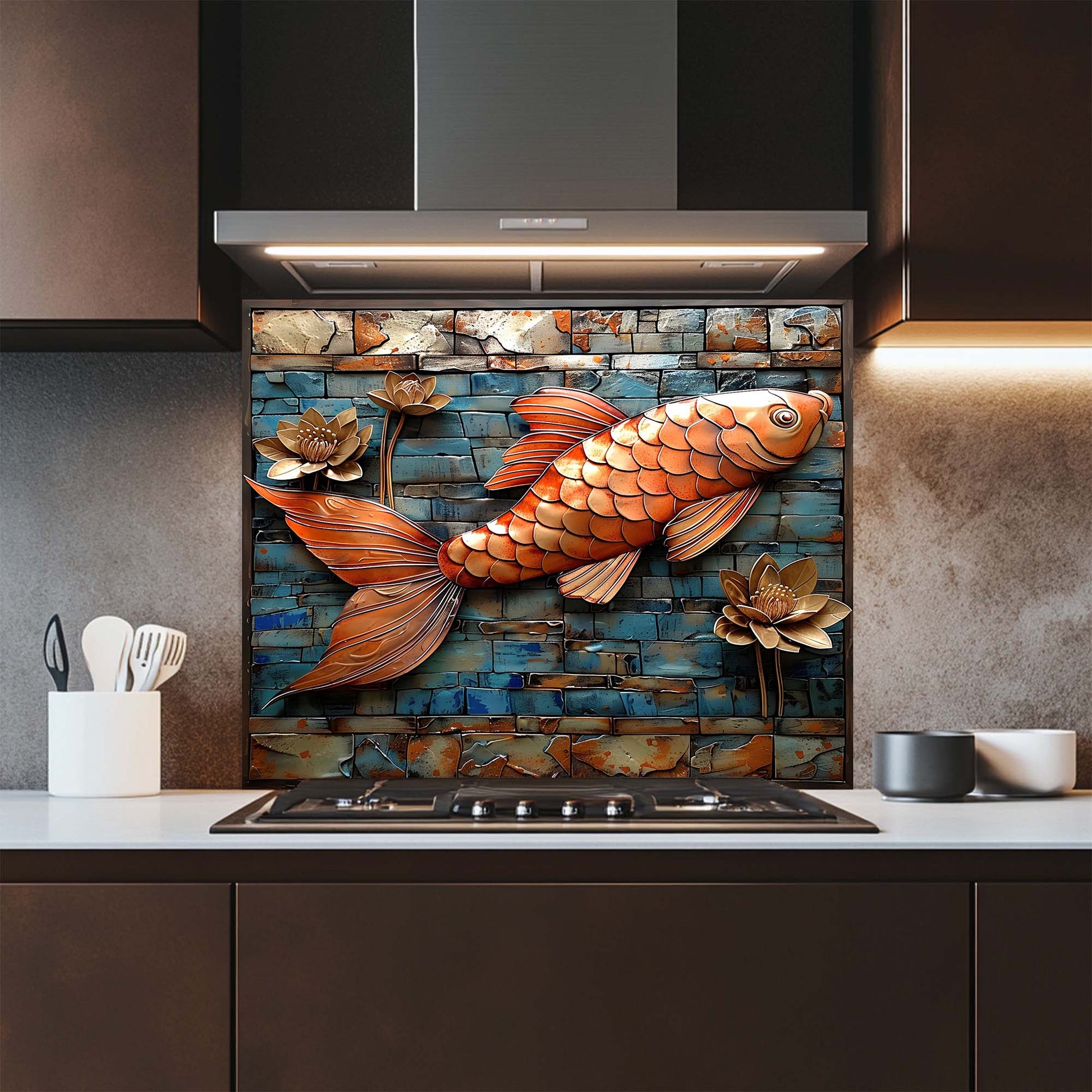 Decorative fish and lotus glass backsplash in a kitchen setting