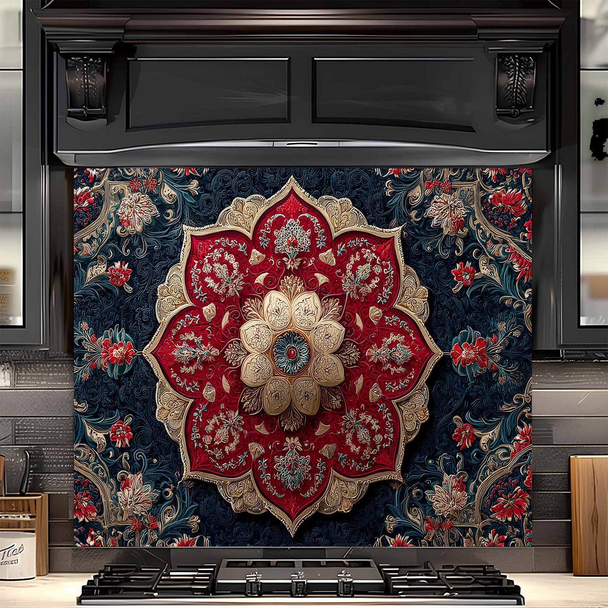 Decorative glass backsplash with intricate floral and geometric design in red, gold, and blue on a kitchen wall.