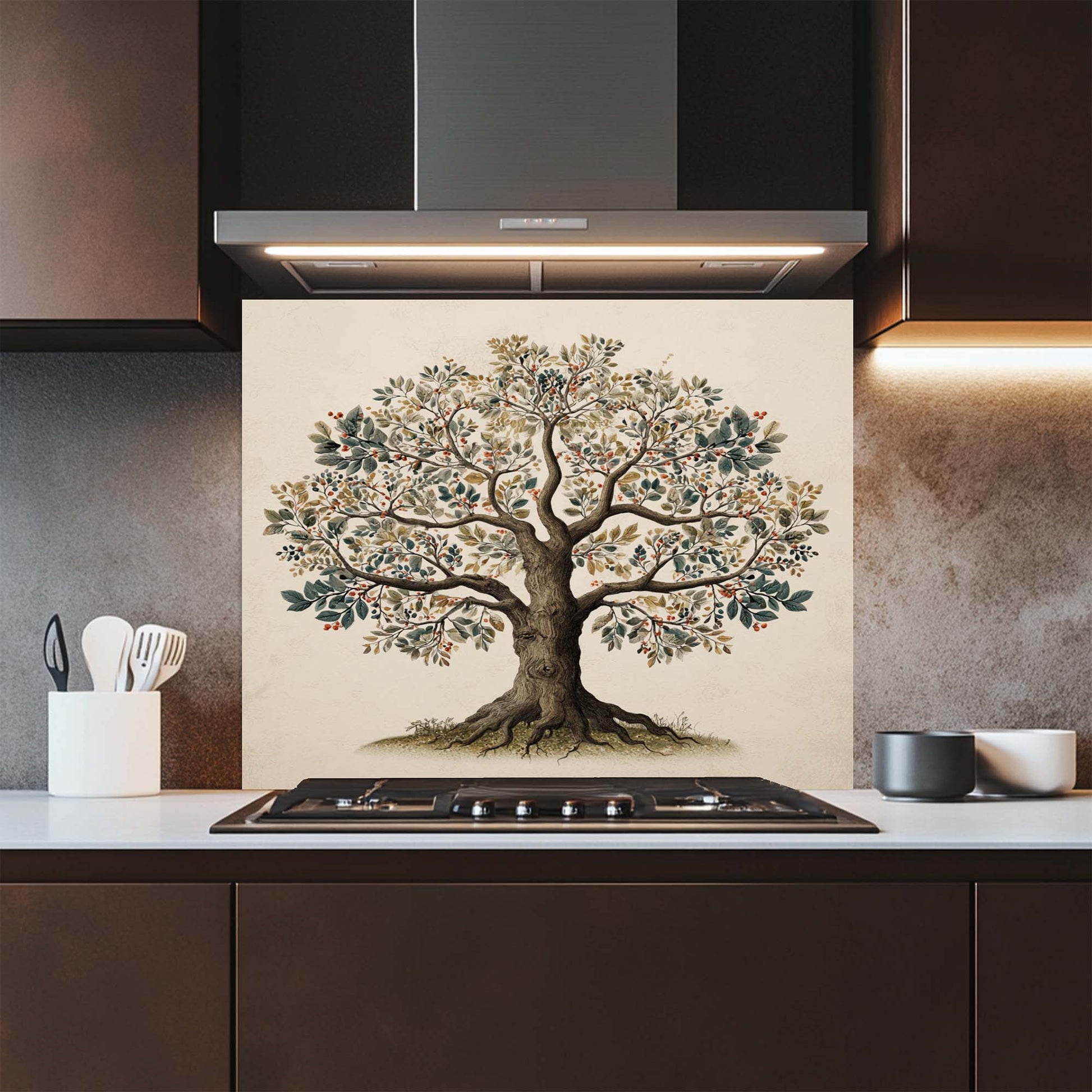 Botanical Tree of Life glass backsplash with soft earthy tones. Elegant and functional stove backsplash.