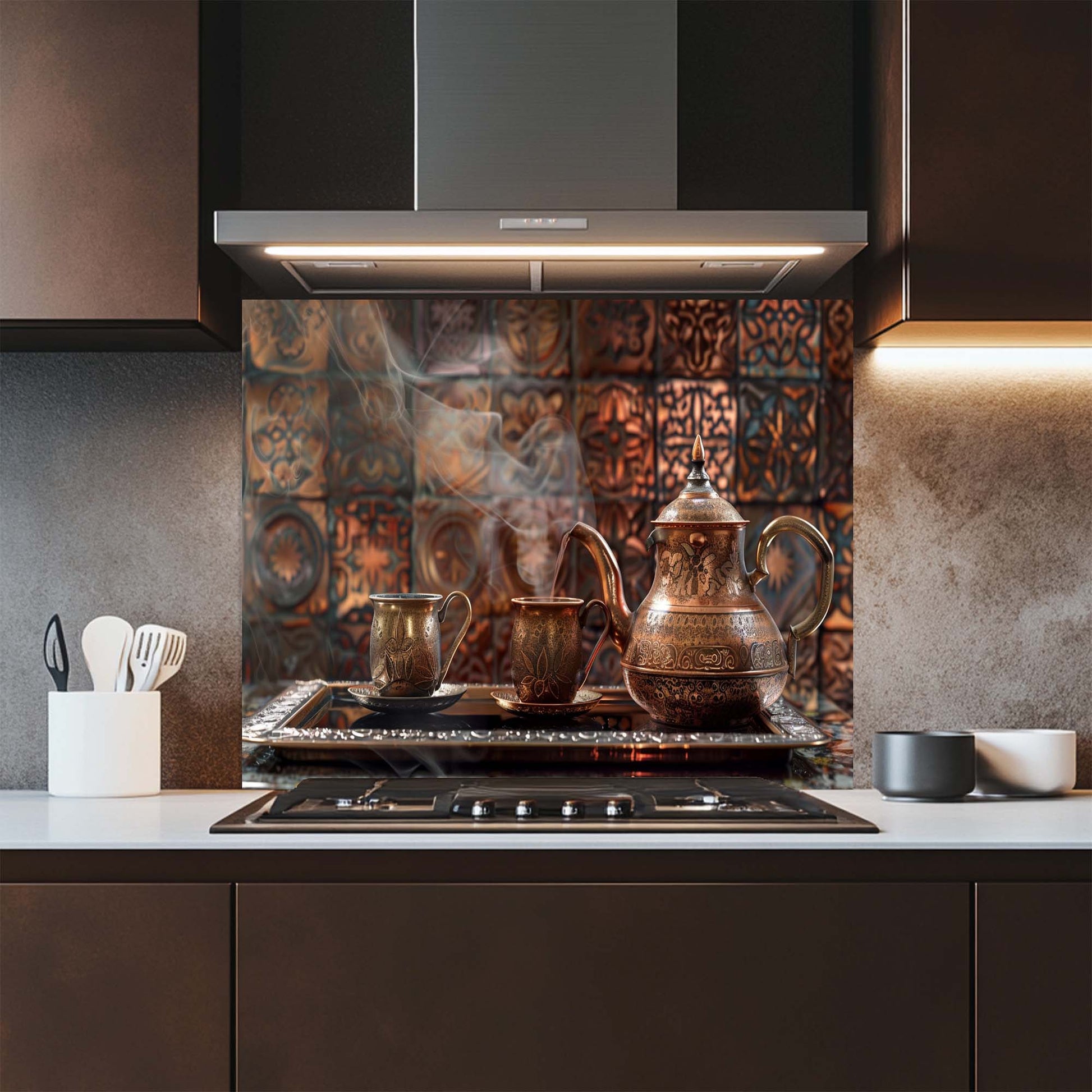 Modern kitchen with glass backsplash and decorative elements