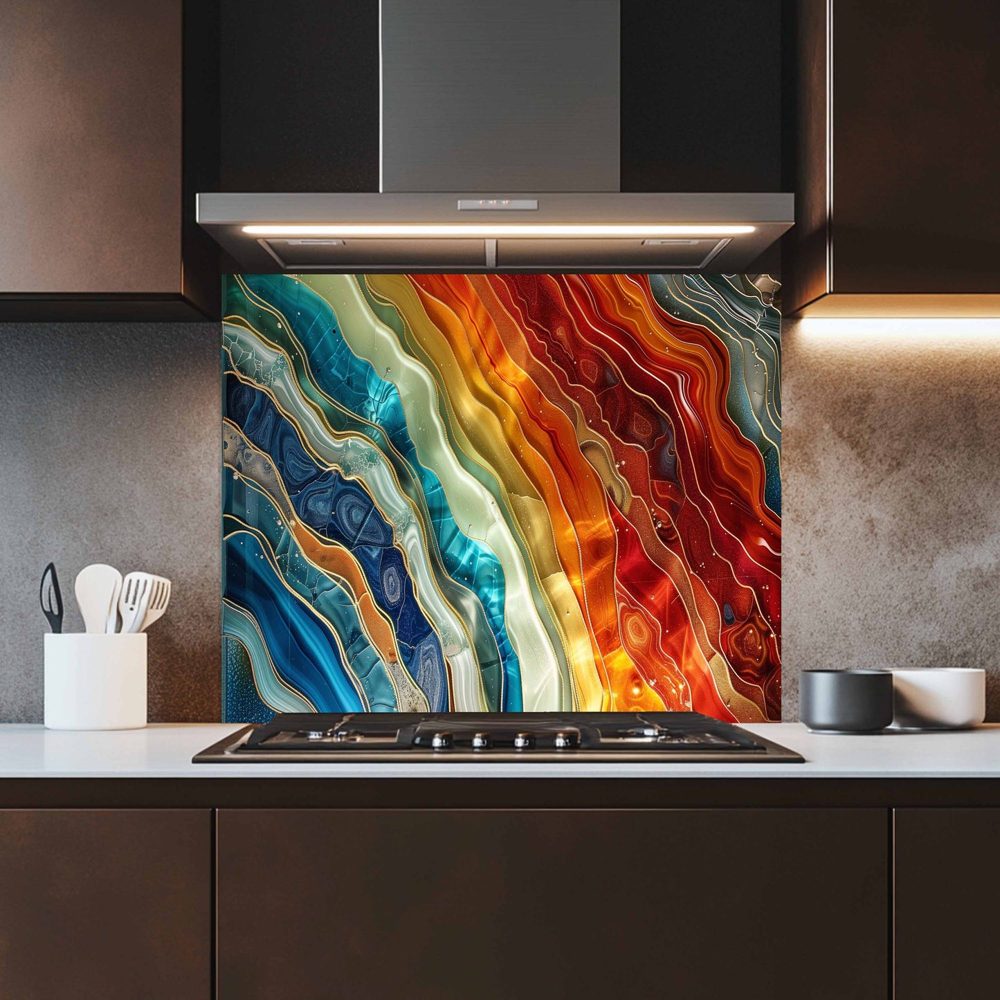 Kitchen with a colorful glass splashback behind a stove